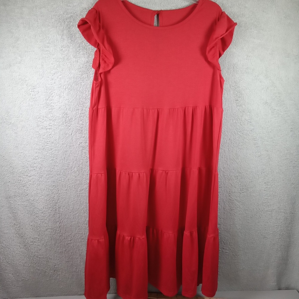 Red Tiered Babydoll Dress Ruffle Cap Sleeve Cotton Blend Medium